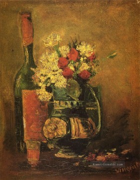 Vase mit Gartennelken und Flasche Vincent van Gogh impressionistische Blumen Ölgemälde